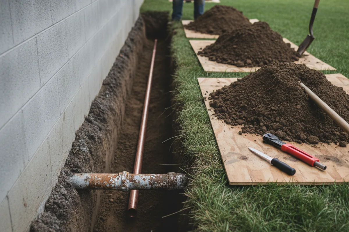 Excavated water line trench during Sewer Line Repair in Hinckley